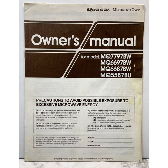 Quasar Microwave Owners Manual MQ7797BW MQ6697BW MQ6687BW MQ5587BU Vintage 1987 - Picture 6 of 6